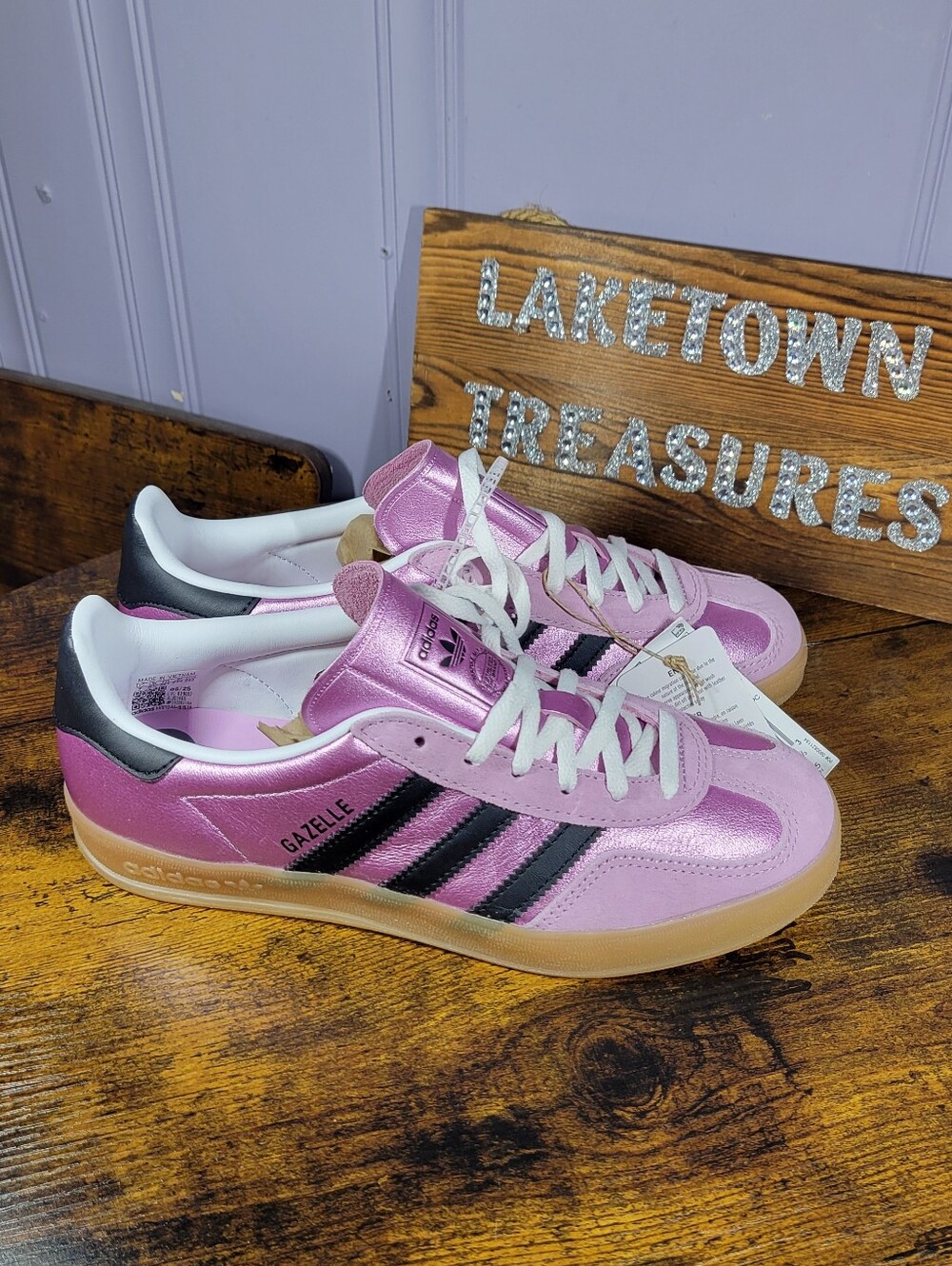 Adidas Gazelle Metallic Pink Sneakers with Black Stripes - Picture 6 of 14
